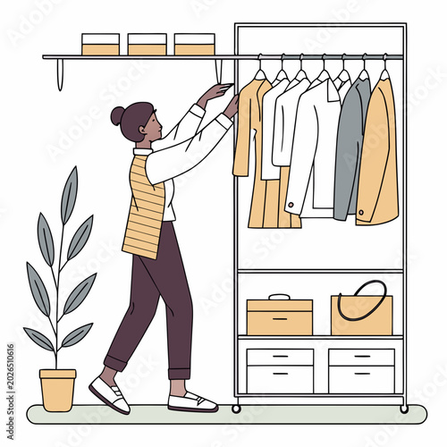 Foto Woman organizing clothes in a modern closet with clothing rack home organization