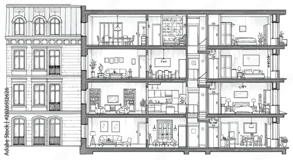 Obraz premium Architectural Cross Section of Apartment Building Vector Illustration