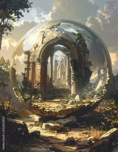 Fantasy sphere reflection of ancient architecture and natural landscape