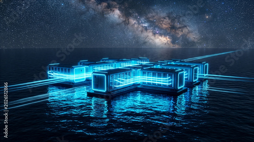 Floating modular data center at night with glowing blue lights under starry sky, futuristic digital infrastructure concept