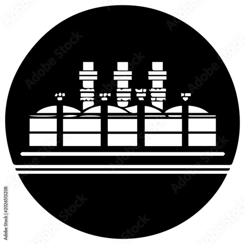 Solid black filled icon of industrial lng liquefaction plant facility in white