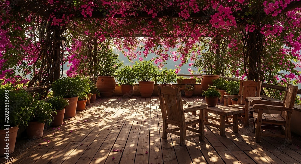 Obraz premium A beautiful outdoor wooden patio covered by a vibrant pink bougainvillea pergola, with potted plants and a seating area bathed in dappled sunlight.