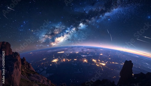 A breathtaking night scene from a mountain's peak, showcasing a vibrant night sky, our blue planet below. Streaks of light pierce the heavens