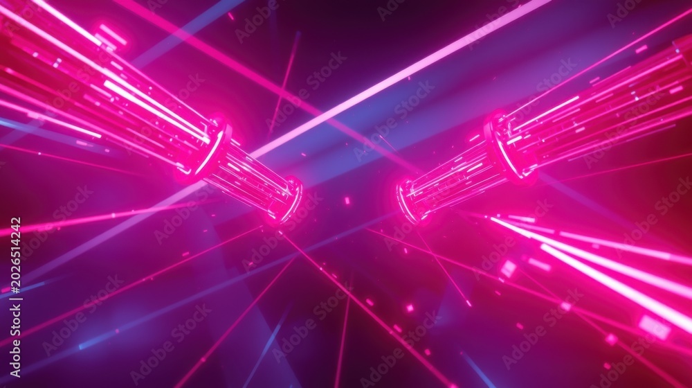 Fototapeta premium Abstract neon tunnel. Bright pink, blue lights create futuristic perspective. Geometric shapes intersect, forming dynamic visual effect.