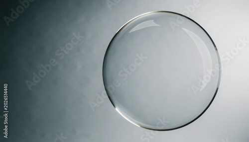 Minimalist composition of single clear glass sphere isolated on soft grey gradient background showing elegant reflection and subtle light curvature for high end product photography.