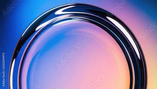 Abstract macro view of curved glass lens over colorful blue pink gradient background creating distorted light refraction and aesthetic liquid glass texture for modern wallpaper.