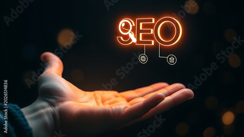 Glowing seo concept with magnifying glass and gears search engine