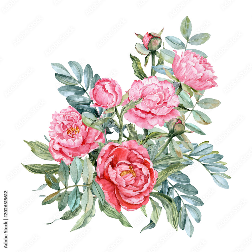 Fototapeta premium Hand drawn bouquet with red and pink peonies, buds and Zamiokulkas branches