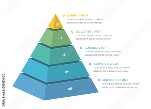 Pyramid infographic template with five segments for professional business presentations, marketing strategy visualization, or hierarchy data structure report