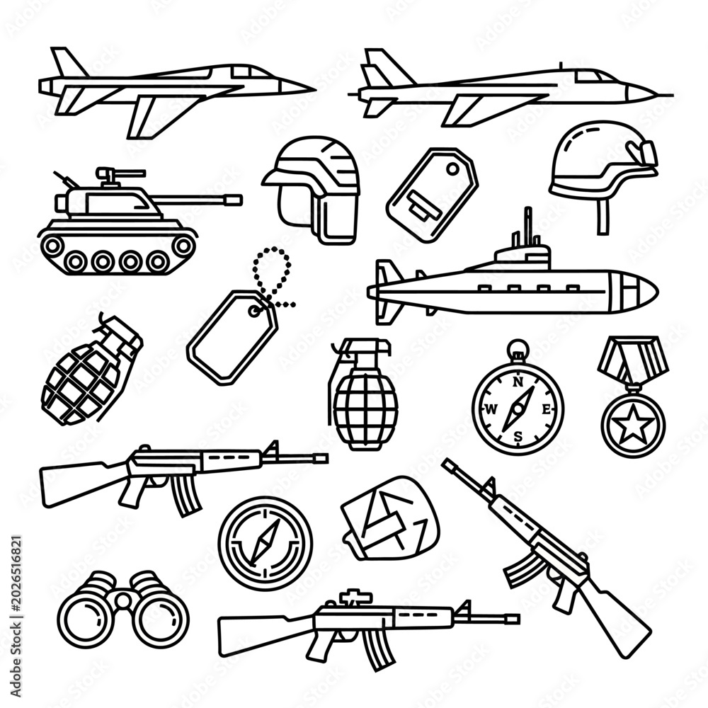 Obraz premium Military Icons Set: Aircraft, Tank, and Gear Outline