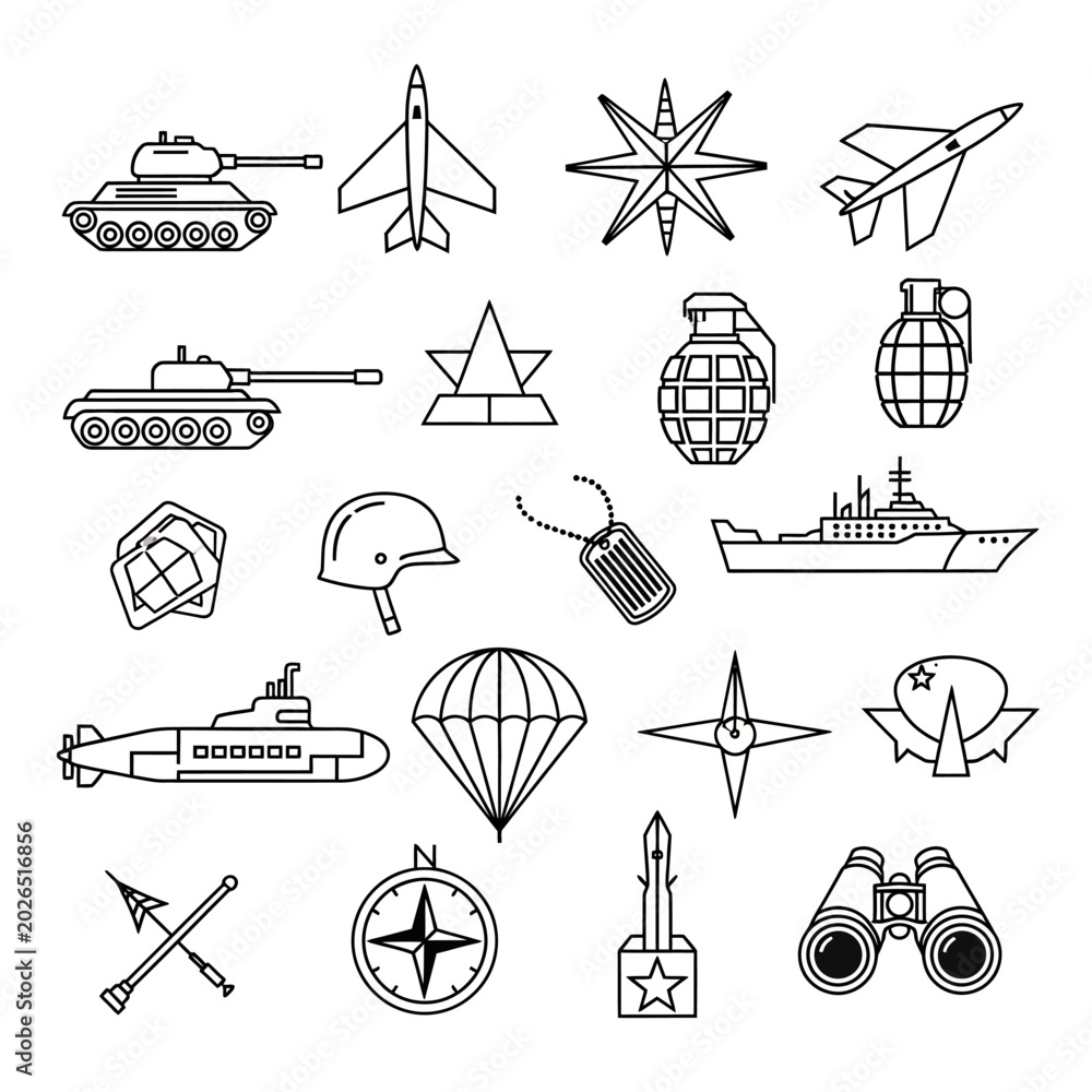 Obraz premium Military Icons Set: Line Art Elements of Warfare, Vector Illustration