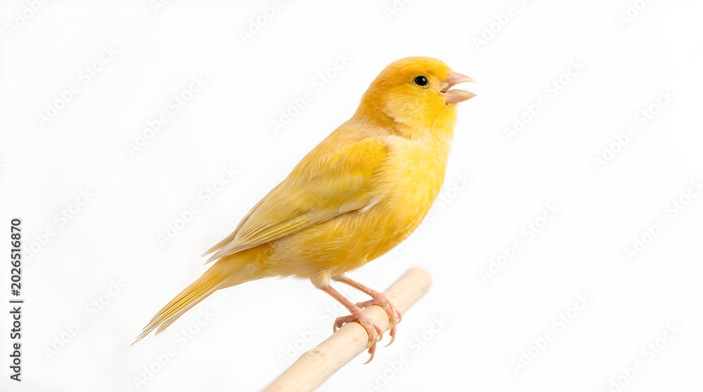 Fototapeta premium Yellow Canary Bird Perched on Wooden Stick Isolated on White Background