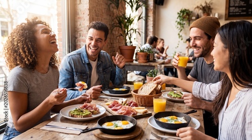 A diverse group of four young adults sharing a delicious breakfast meal with eggs, ham, and fresh juice, enjoying a candid moment of laughter and friendship in a sunlit cafe.