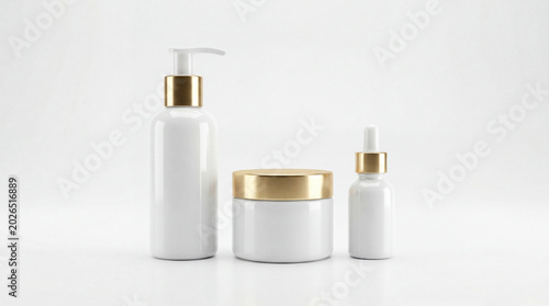 A set of 3D rendered white cosmetic bottles with golden caps isolated on a prist