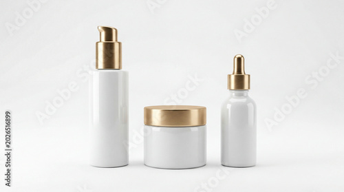 A set of 3D rendered white cosmetic bottles with golden caps isolated on a prist
