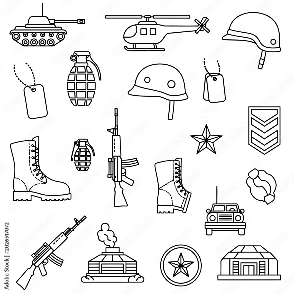 Obraz premium Military Equipment & Symbols: Flat Line Art Illustration