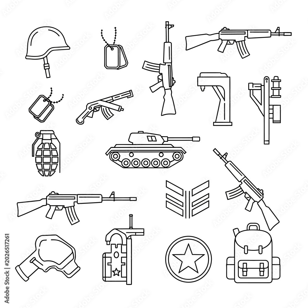 Obraz premium Military Equipment Icon Set: Weapons, Vehicles, Uniforms, and Gear