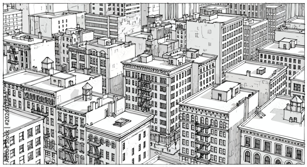 Obraz premium Sketchy City Skyline Vector Illustration of Urban Buildings