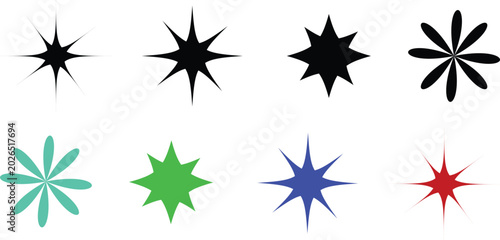 Set of eight colorful star shapes with different point numbers and styles isolated on white background, Vector, illustration