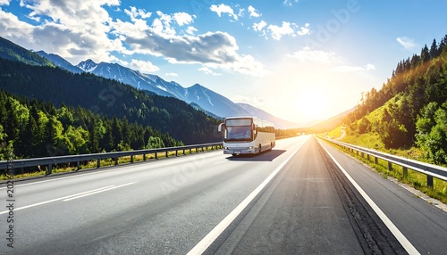 A bus travels on a highway. Lush forests and mountains border the road. The sun shines brightly. A beautiful blue sky above