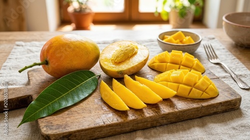 Fresh ripe mango slices on wooden cutting board with whole mango and leaf