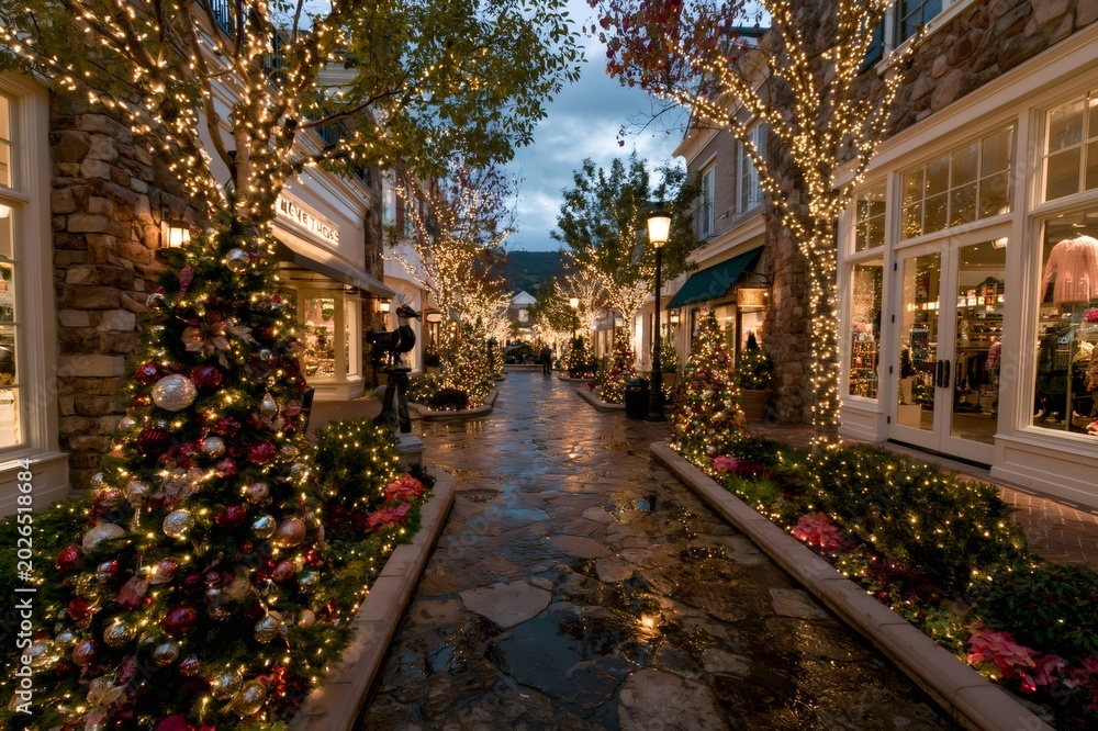 Fototapeta premium Shopping street decorated with Christmas lights and trees
