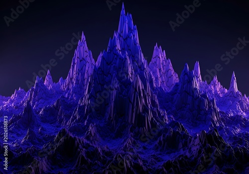 Glowing Purple Fantasy Mountain Peaks Rising Under Dark Night Sky