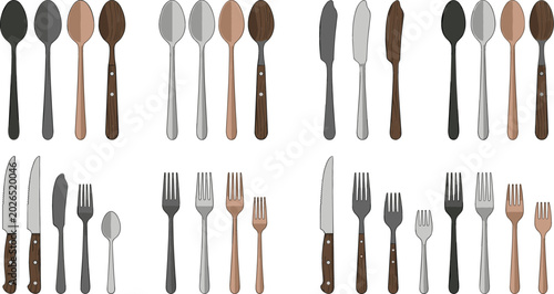 Schilderij op canvas Cutlery Collection Vector Illustration Featuring Spoons Forks Knives and Modern