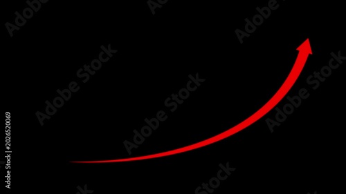 Red growth arrow moving upward on black background, for business success, and financial analytics