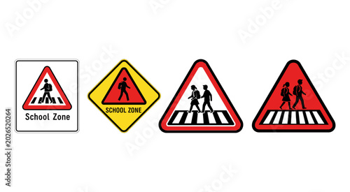 Set of school zone and pedestrian crossing road signs for traffic safety