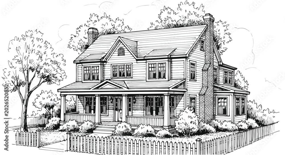 Fototapeta premium Hand Drawn Residential House Architecture Vector Illustration Sketch