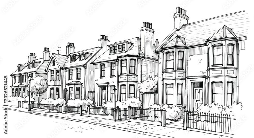Obraz premium Victorian Suburban Street Row House Vector Sketch Illustration
