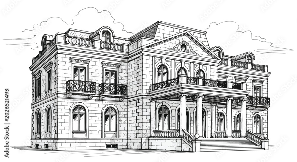Fototapeta premium Classic Luxury Mansion Architecture Vector Illustration Hand Drawn Sketch