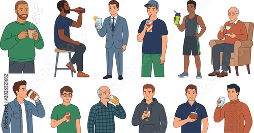 фотографія People Drinking Beverages Collection Vector Illustration Featuring Men Enjoying