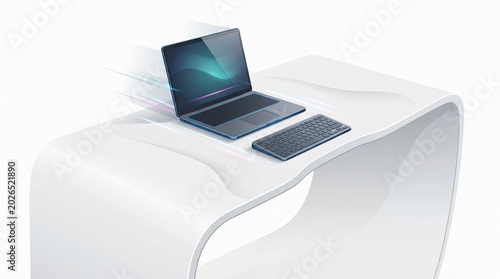 Laptop on White Table with Keyboard Illustration