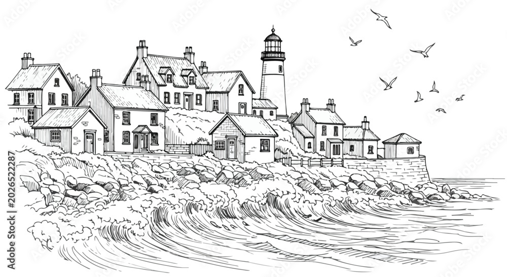 Naklejka premium Hand drawn coastal village and lighthouse vector illustration sketch.