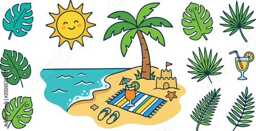 Tropical Beach Elements Collection with Cute Sun and Palm Tree Vector Illustration