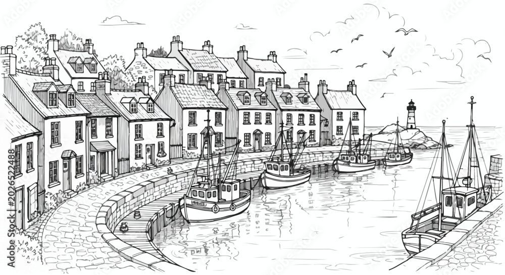 Obraz premium Coastal Fishing Village Harbor Vector Illustration Sketch