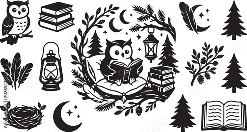 Whimsical forest scene with owl reading books peacefully