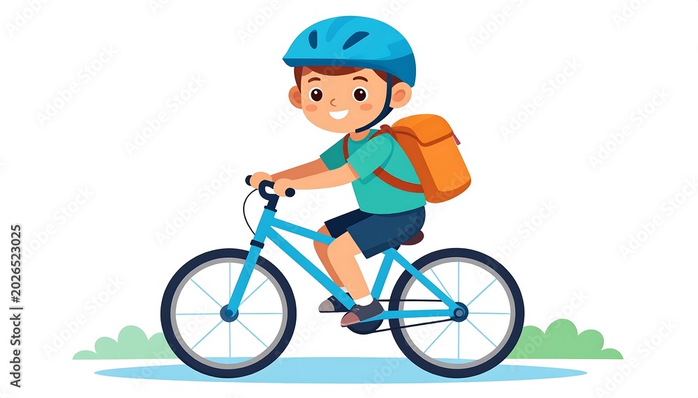 Fototapeta premium A cartoon child wearing a helmet and backpack rides a blue bicycle. The scene depicts a sunny day with green foliage