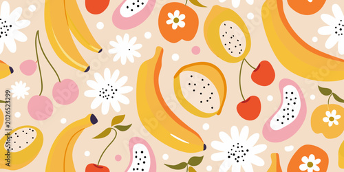 fruit and floral pattern bright tropical illustration