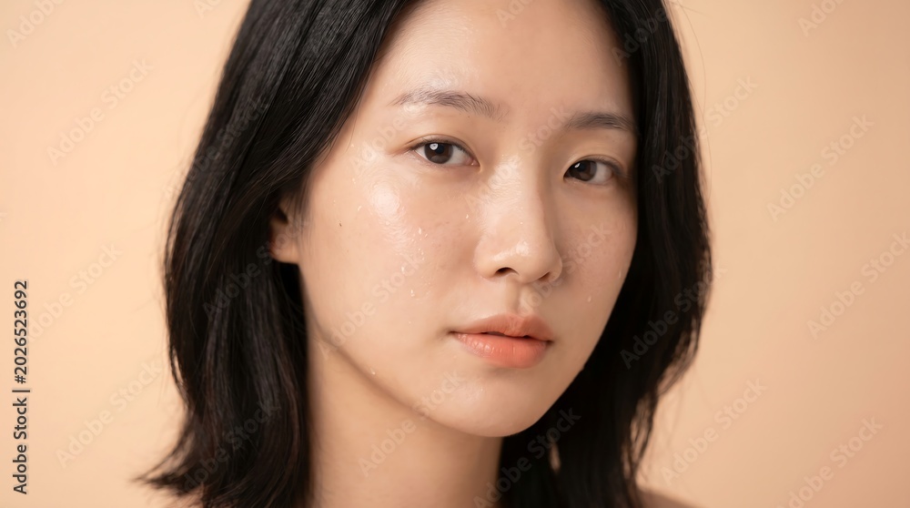 Naklejka premium Close up portrait of young East Asian woman with natural skin and dark hair.