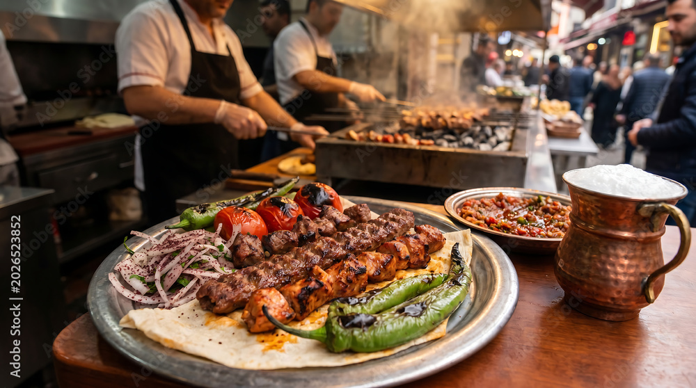 Obraz premium Char-Grilled Turkish Adana and Phish Kebabs with Grilled Vegetables