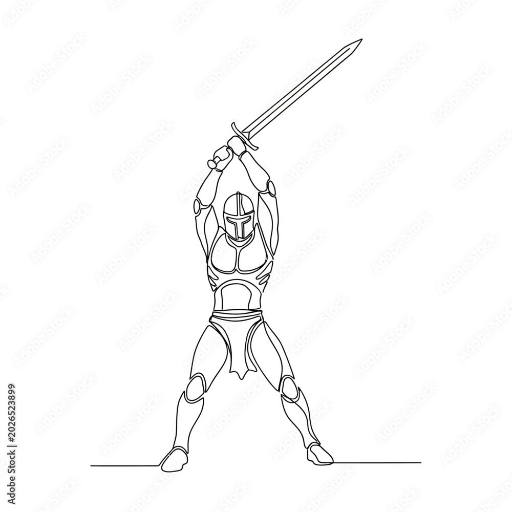 Obraz premium Warrior with Sword, Single Line Art, Minimalist Knight Illustration