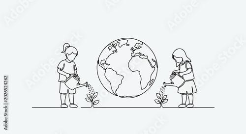 Kids Planting World: Minimalist Line Art of Earth Day Concept
