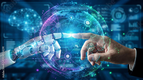 Global network connection: Human and robot hands touching digital data, AI, and futuristic machine learning