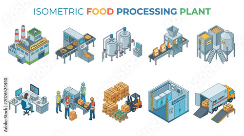 Isometric food processing plant illustration with machinery and logistics, featuring assembly lines, packaging, and delivery
