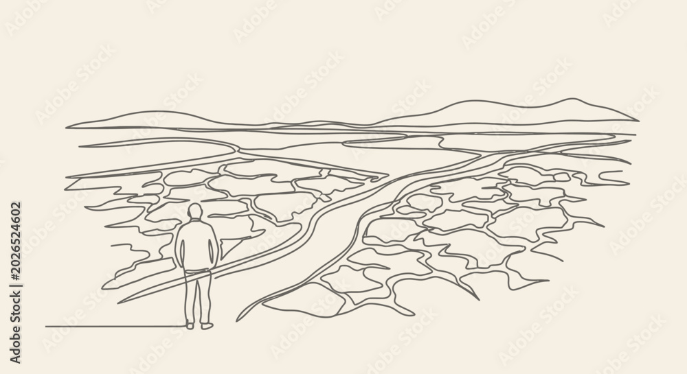 Naklejka premium Minimalist Landscape Illustration: Person Observing Expansive Terrain