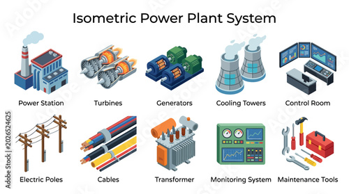 Fotografía Isometric power plant system with components like turbines, cooling towers, tran