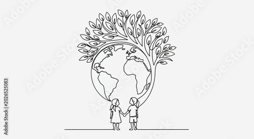 Children holding hands with planet earth tree symbol sketch